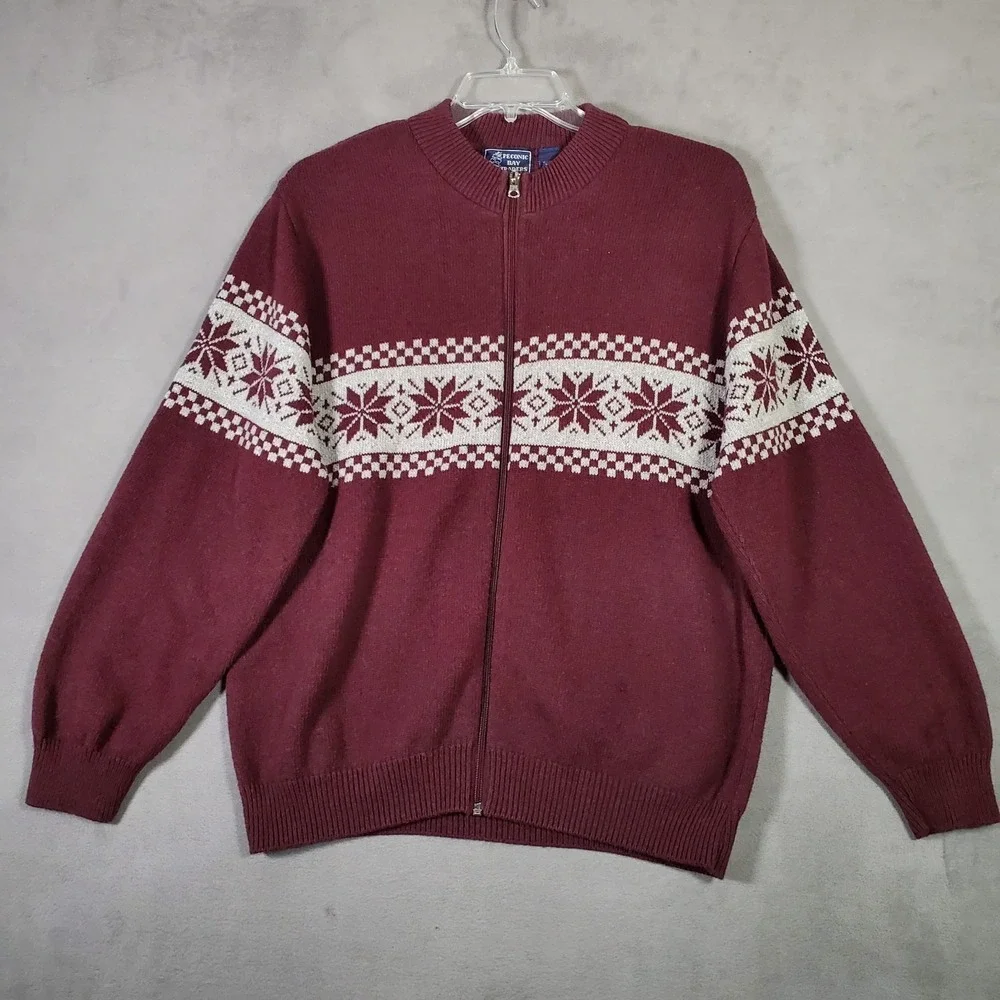 Vintage Peconic Bay Traders Cardigan Mens L Fair Isle Zip Front Nordic Ski Lodge